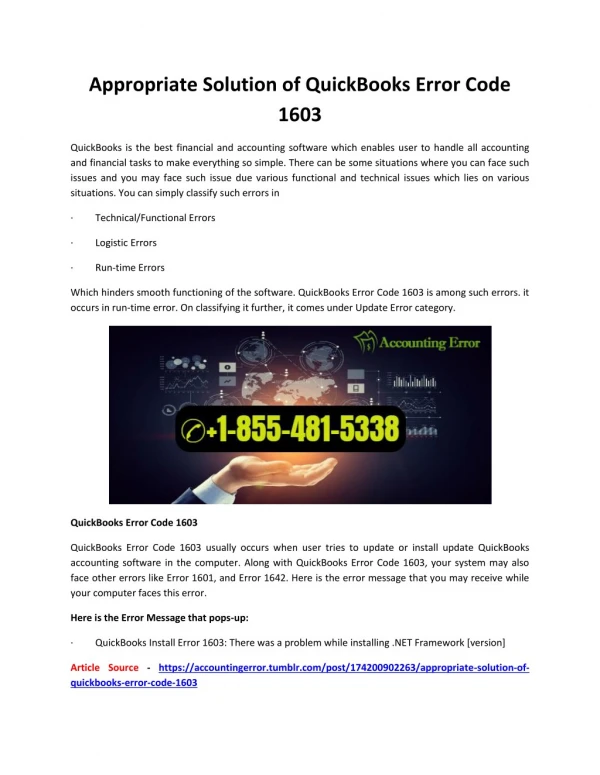Appropriate Solution of QuickBooks Error Code 1603