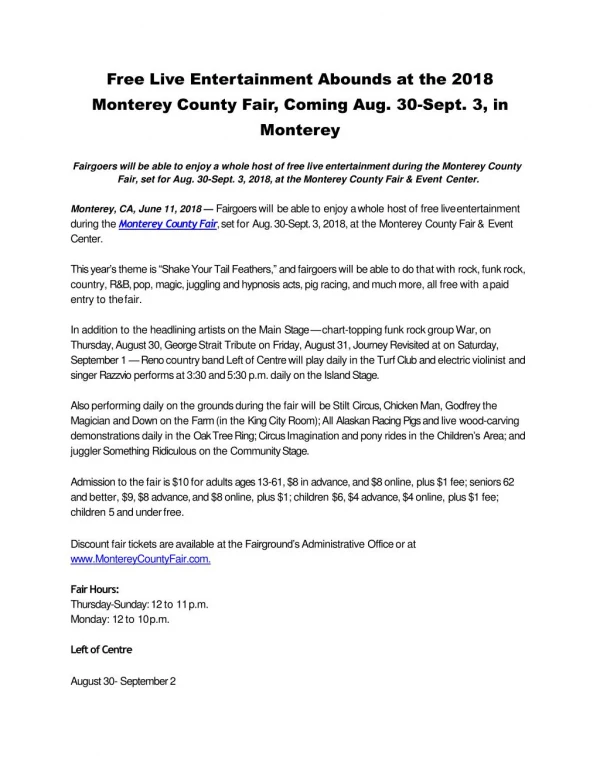 Free Live Entertainment Abounds at the 2018 Monterey County Fair, Coming Aug. 30-Sept. 3, in Monterey