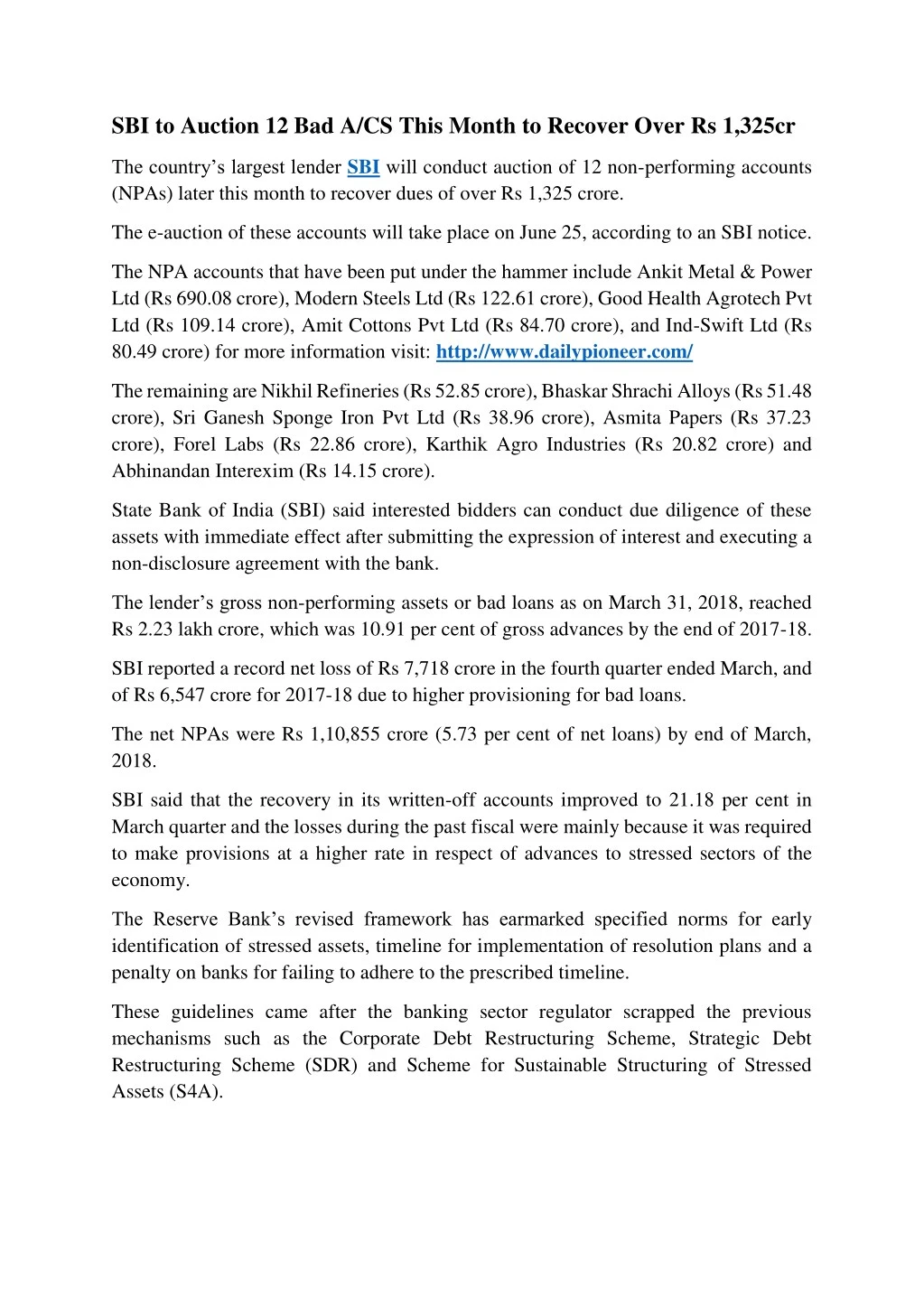 sbi to auction 12 bad a cs this month to recover