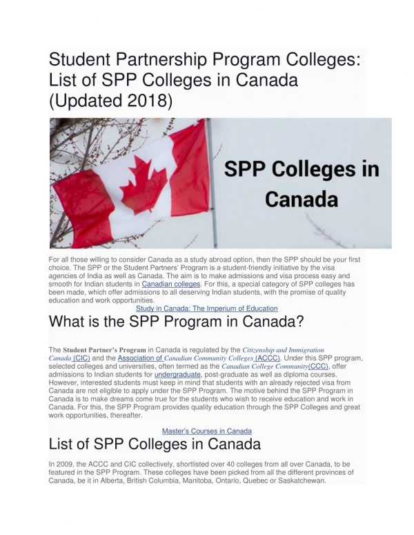 Student Partnership Program Colleges: List of SPP Colleges in Canada