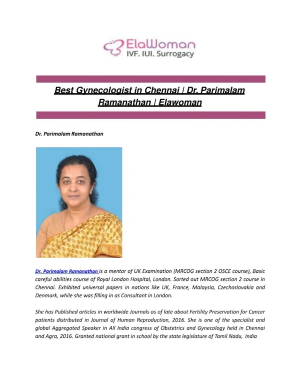 Best Gynecologist in Chennai | Dr. Parimalam Ramanathan | Elawoman