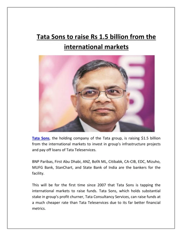 Tata sons to raise rs 1 5 billion from the international markets
