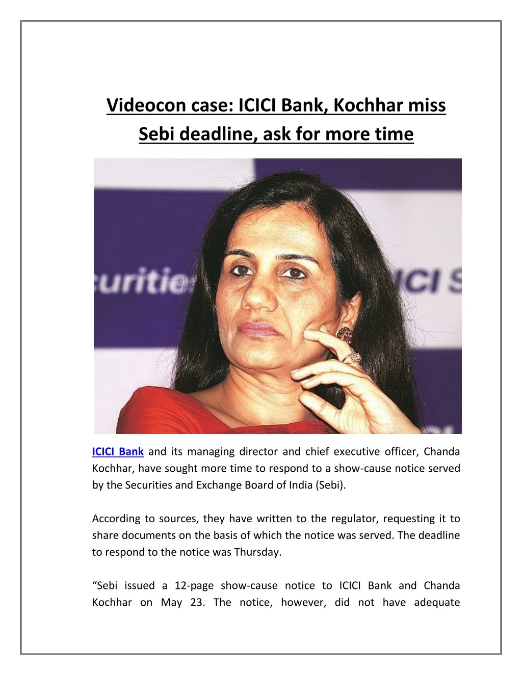 videocon case icici bank kochhar miss sebi