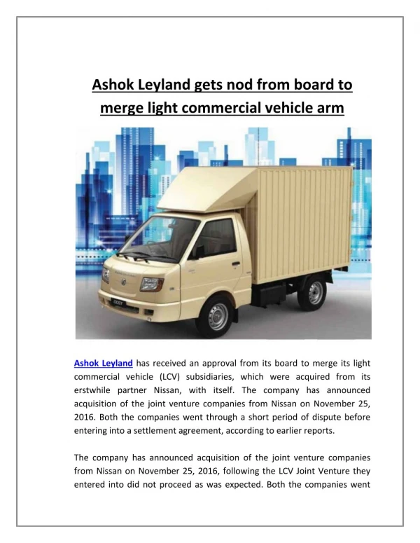 Ashok leyland gets nod from board to merge light commercial vehicle arm
