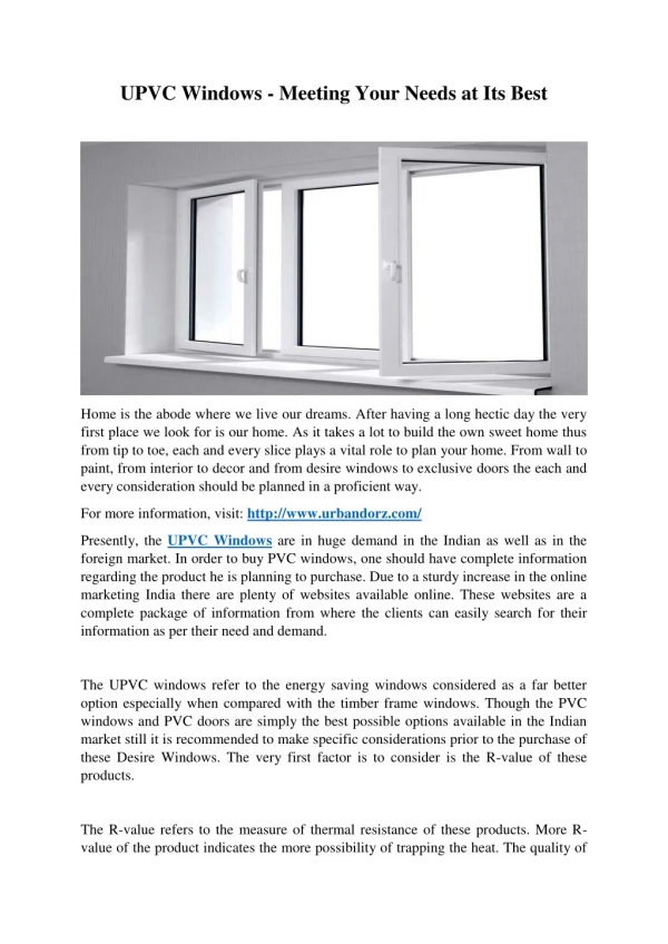 UPVC Windows - Meeting Your Needs at Its Best