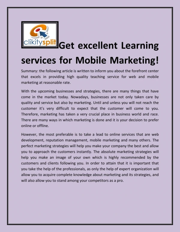 Get excellent Learning services for Mobile Marketing!