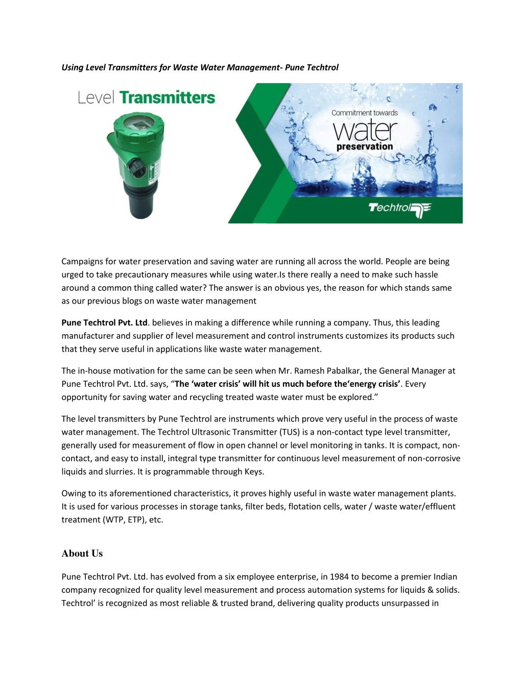 using level transmitters for waste water