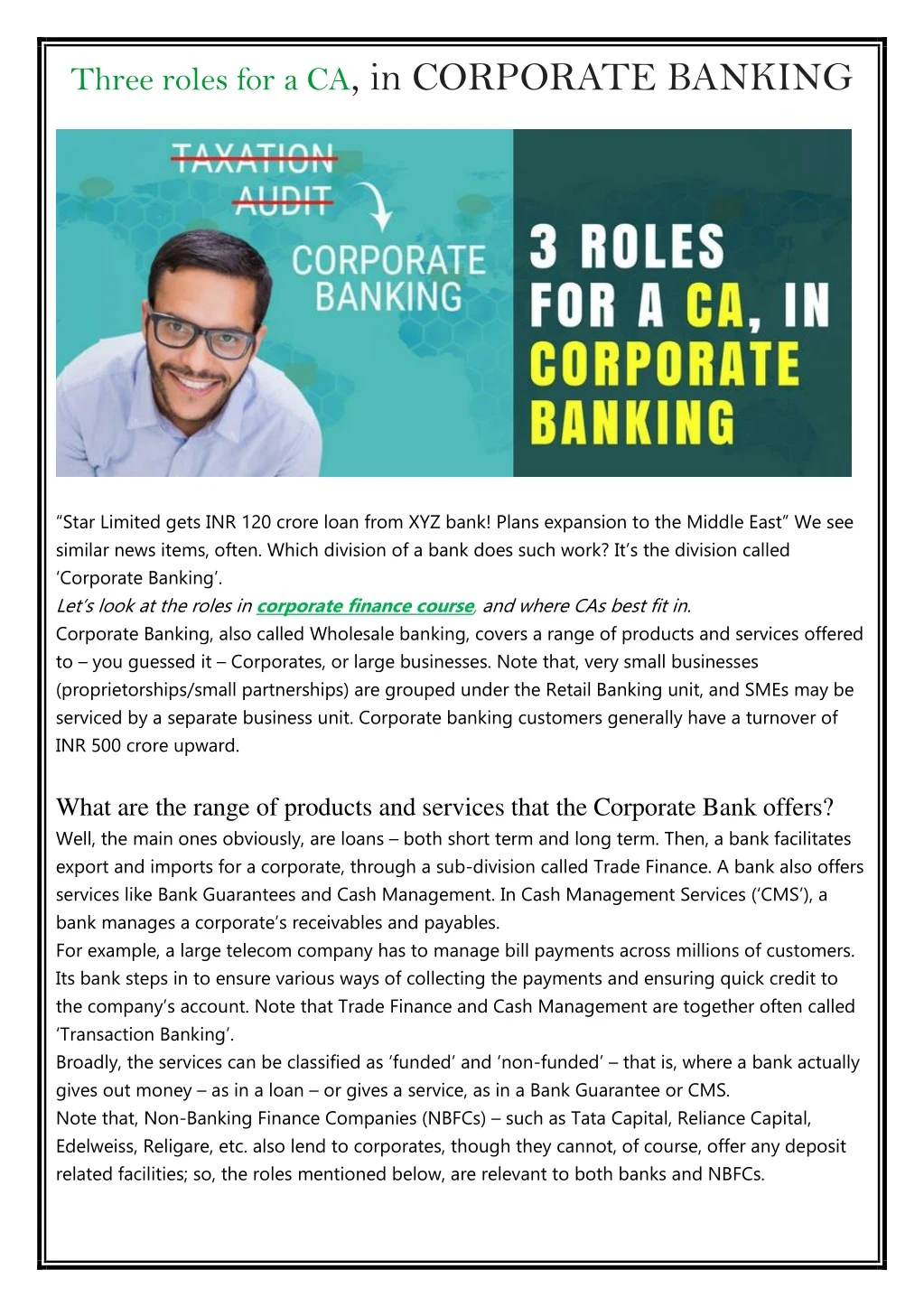 three roles for a ca in corporate banking