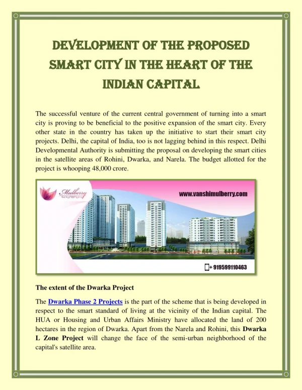 Development of the proposed Smart City in the heart of the Indian Capital