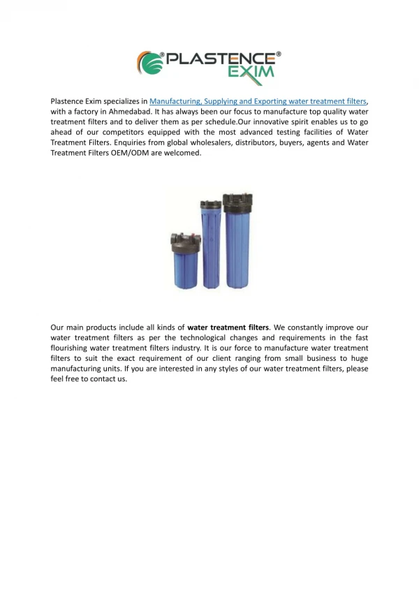 Plastence Exim - Best Water Treatment Filters Manufacturer in India