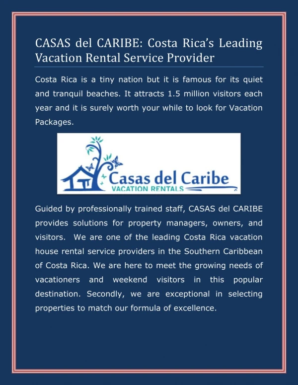 CASAS del CARIBE: Costa Rica’s Leading Vacation Rental Service Provider