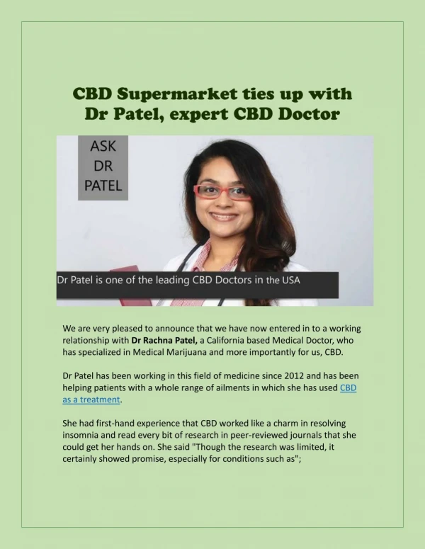 CBDSupermarket ties up with Dr Patel, expert CBD Doctor