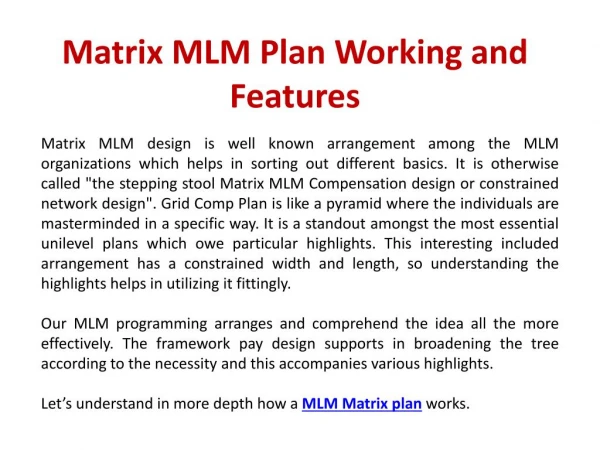Matrix MLM Plan Working and Features