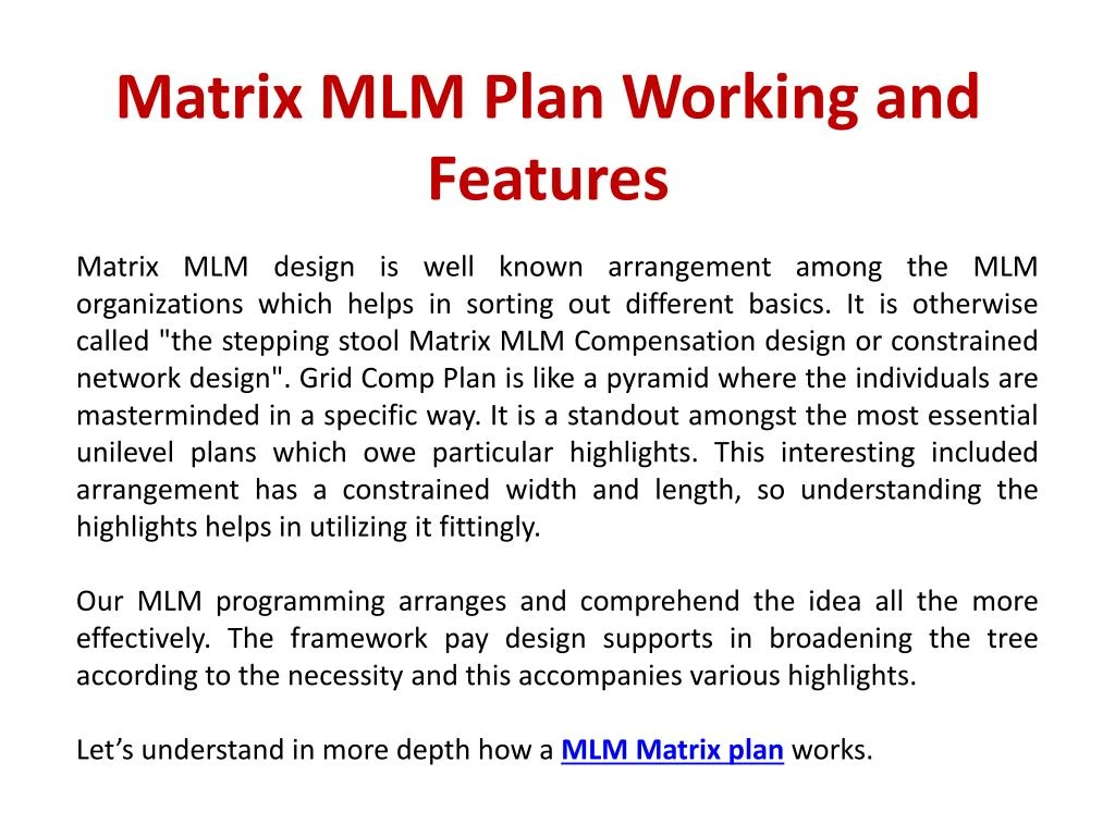 matrix mlm plan working and features