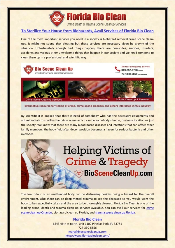 To Sterilize Your House from Biohazards, Avail Services of Florida Bio Clean