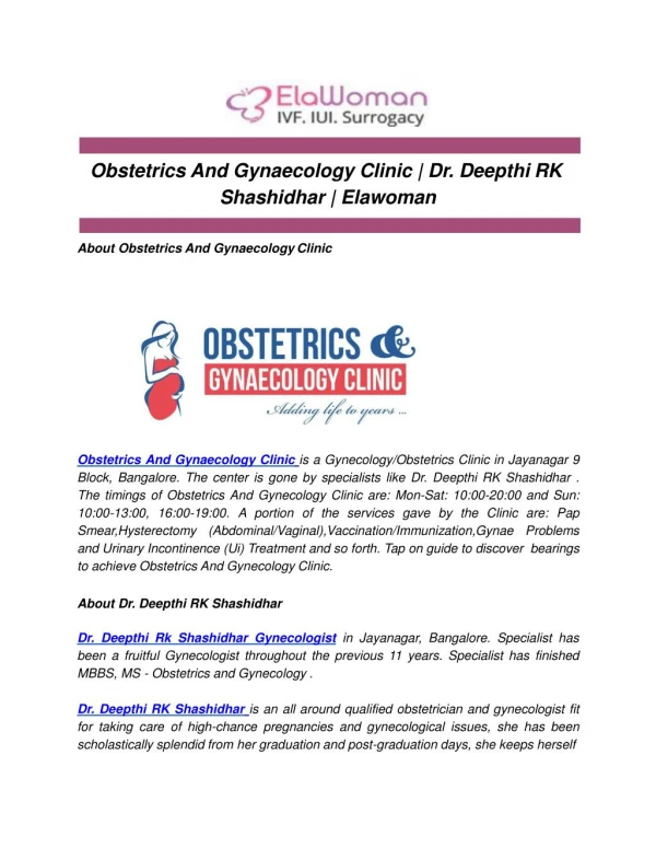 Obstetrics And Gynaecology Clinic | Dr. Deepthi RK Shashidhar | Elawoman