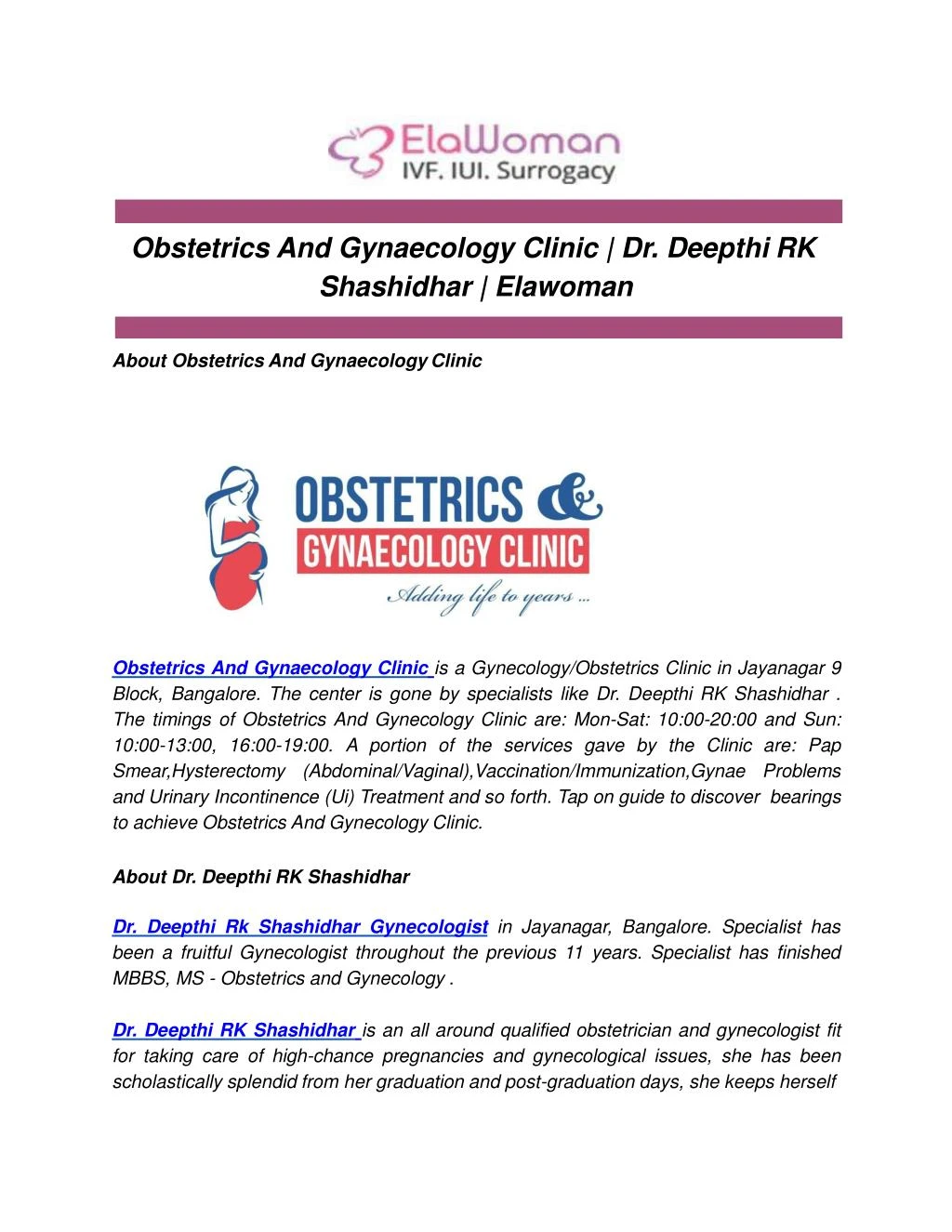 obstetrics and gynaecology clinic dr deepthi