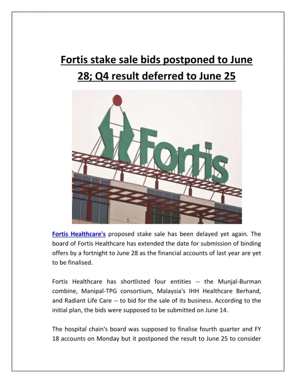 Fortis stake sale bids postponed to june 28; q4 result deferred to june 25