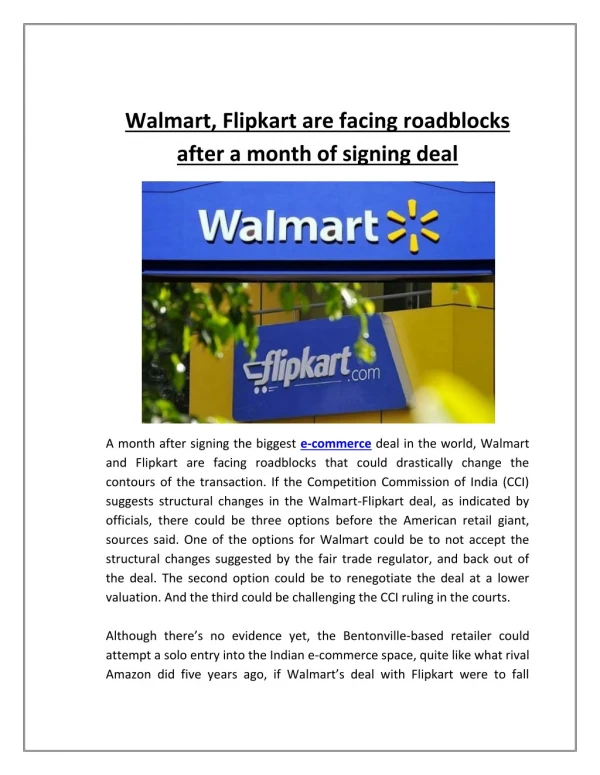 Walmart, flipkart are facing roadblocks after a month of signing deal