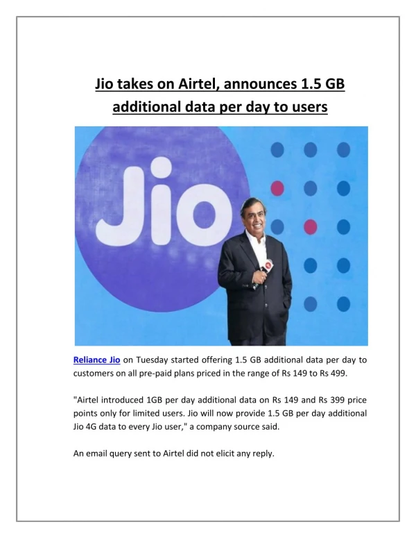Jio takes on airtel, announces 1 5 gb additional data per day to users