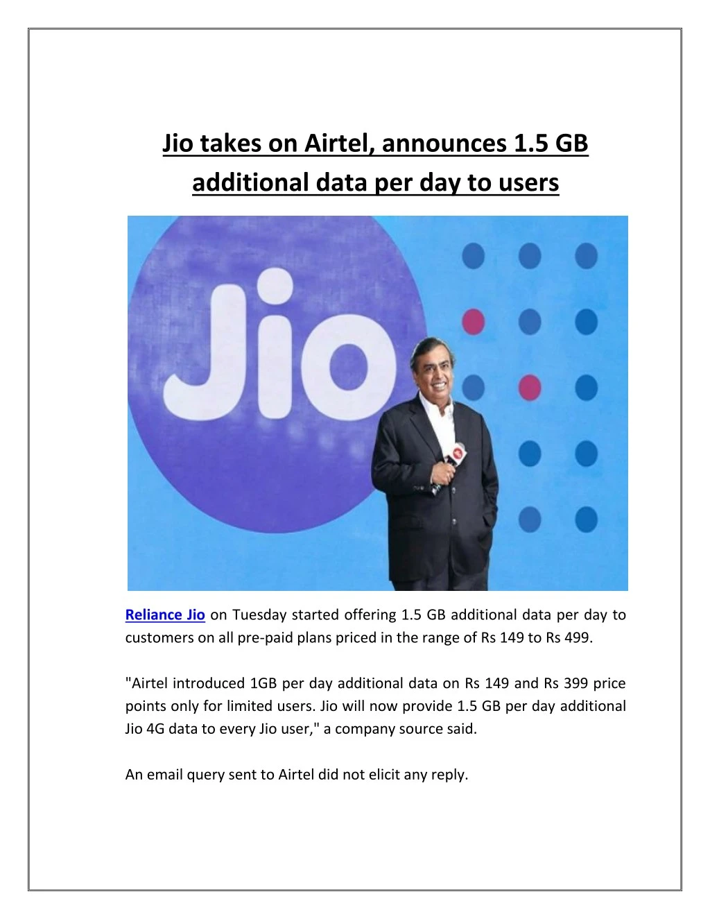 jio takes on airtel announces 1 5 gb additional