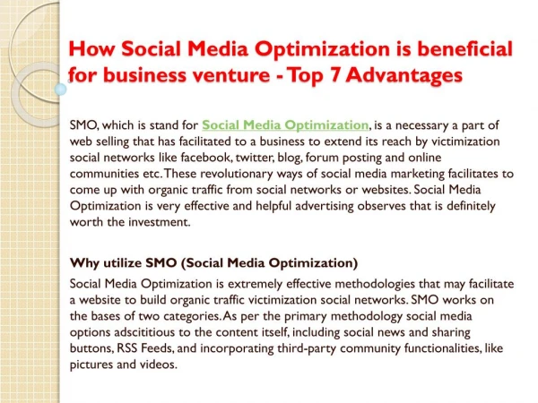 How Social Media Optimization is beneficial for business venture - Top 7 Advantages