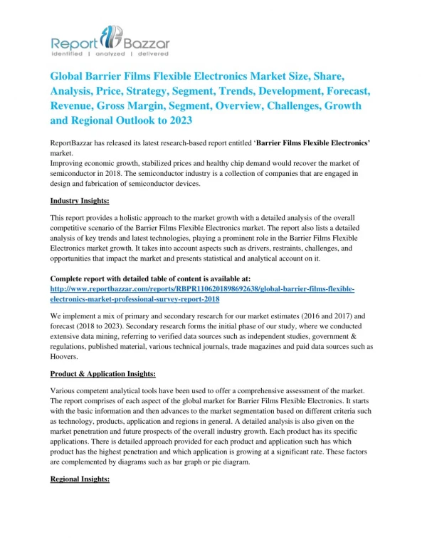 Global Barrier Films Flexible Electronics Market 2018 – Industry Analysis, Size, Share, Strategies and Forecast to 20