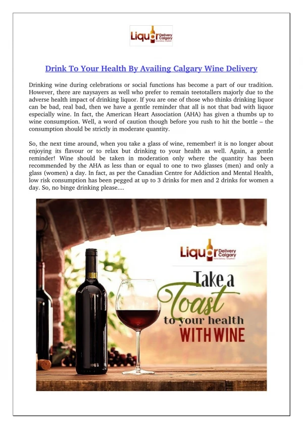 Drink To Your Health By Availing Calgary Wine Delivery