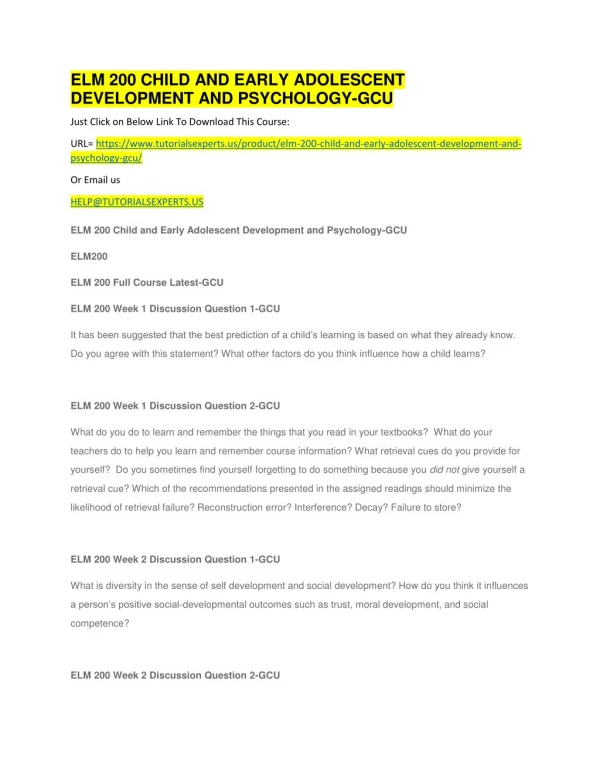 ELM 200 CHILD AND EARLY ADOLESCENT DEVELOPMENT AND PSYCHOLOGY -GCU