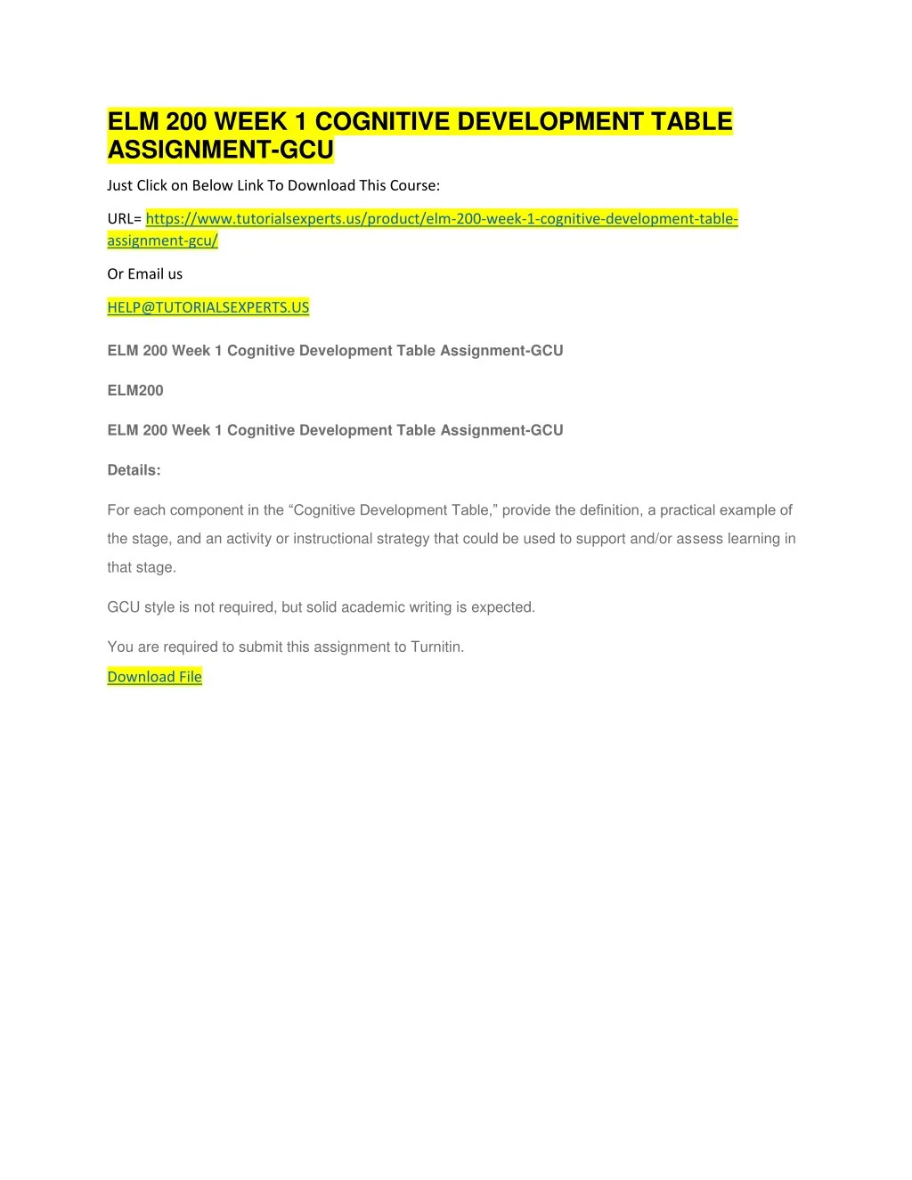 elm 200 week 1 cognitive development table