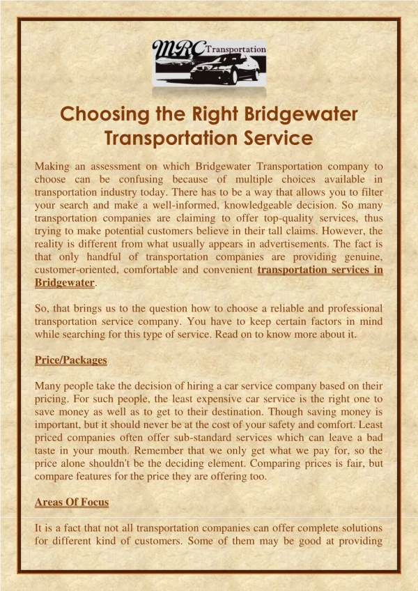 Choosing the Right Bridgewater Transportation Service