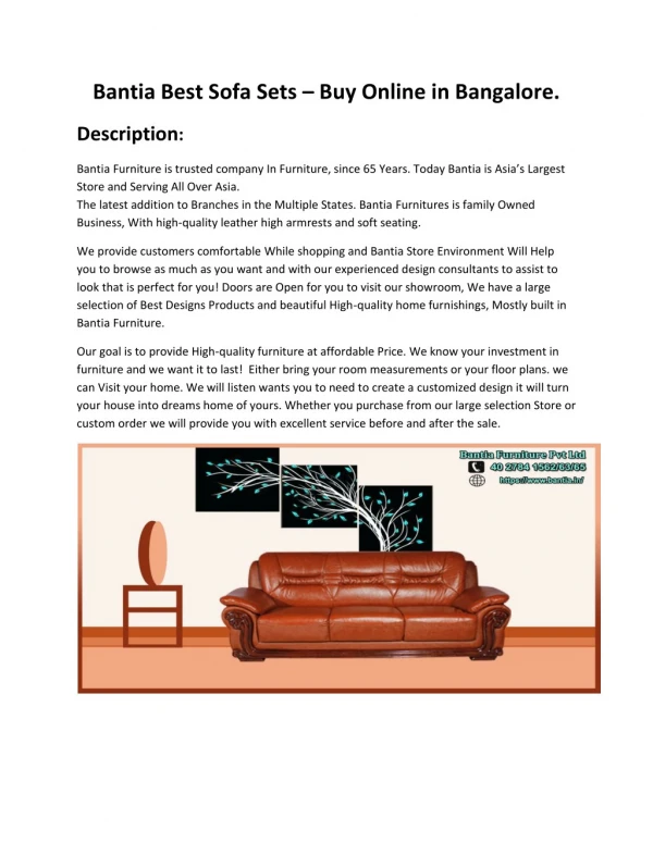 Bantia Best Sofa Sets – Buy Online in Bangalore.
