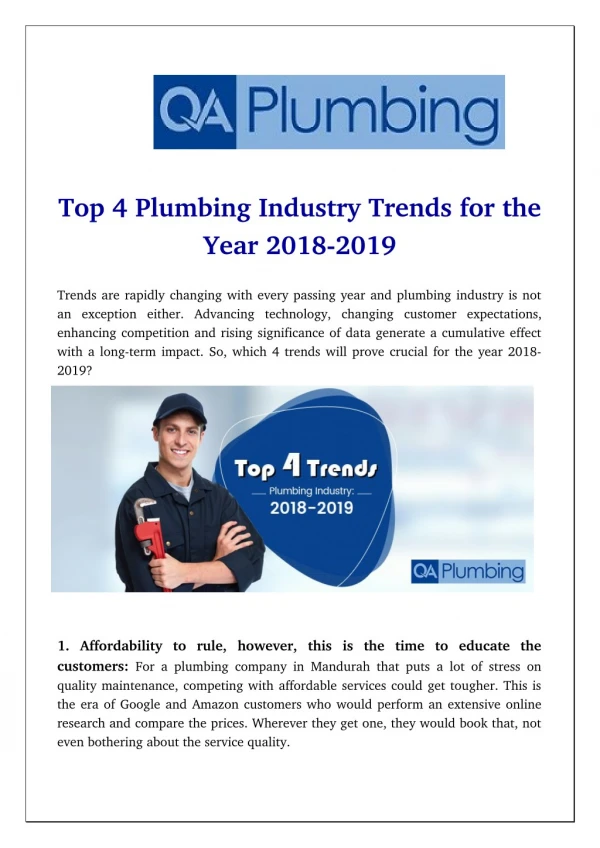 Top 4 Plumbing Industry Trends for the Year 2018-2019
