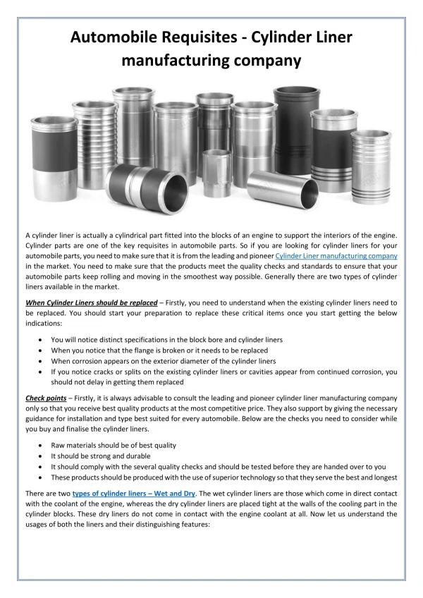 Automobile Requisites - Cylinder Liner Manufacturing Company