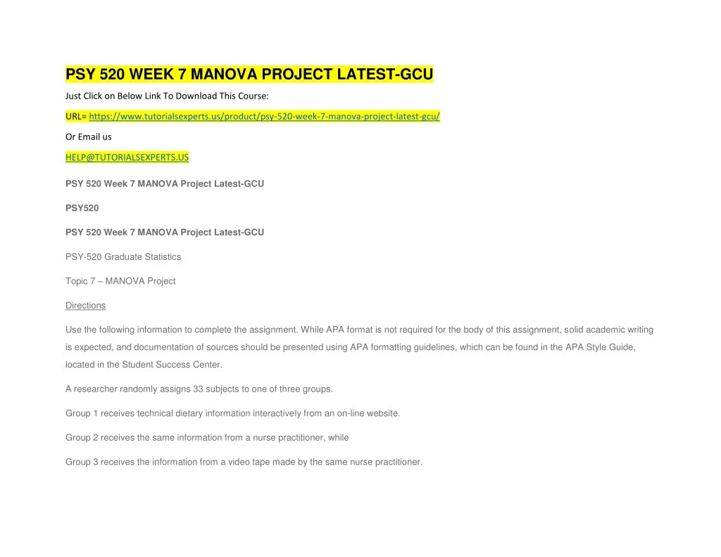 psy 520 week 7 manova project latest gcu