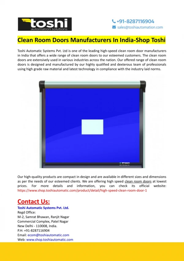 Clean Room Doors Manufacturers In India-Shop Toshi