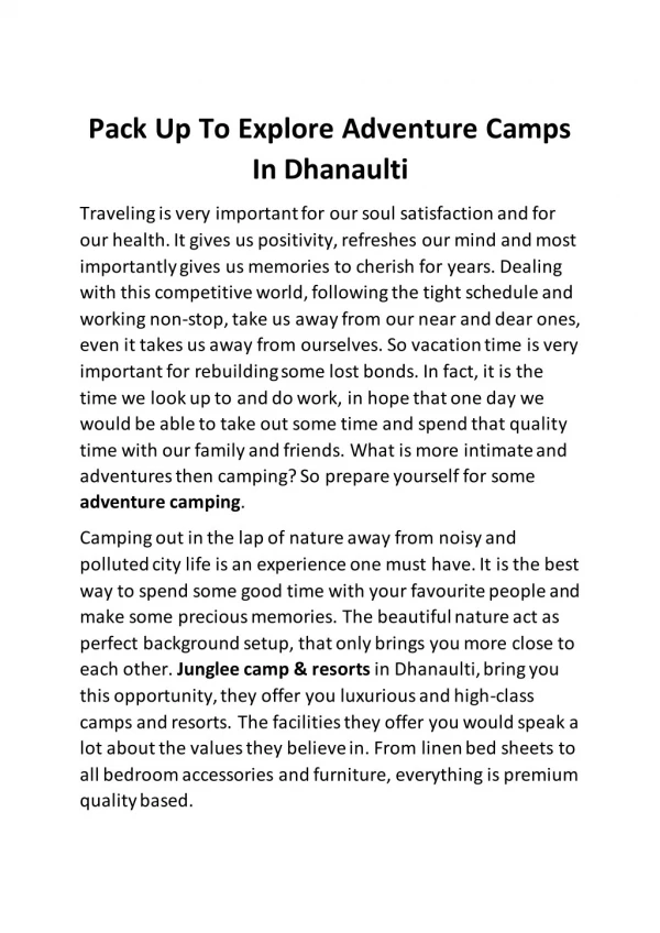 Pack Up To Explore Adventure Camps In Dhanaulti