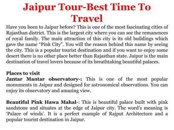 Jaipur Tour-Best Time To Travel