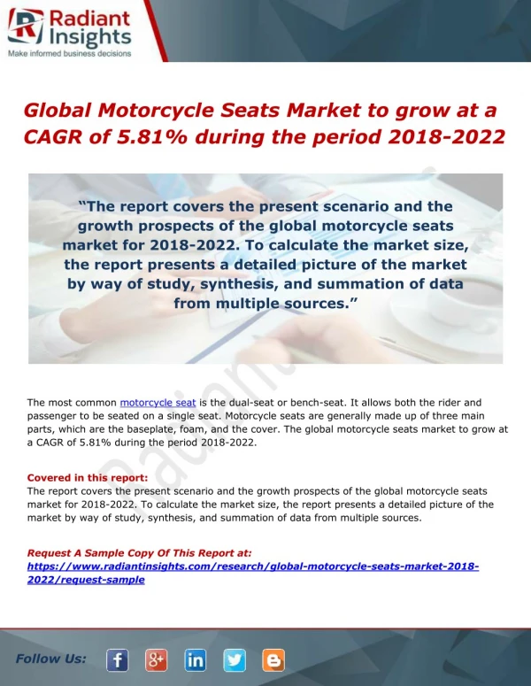 Global Motorcycle Seats Market to grow at a CAGR of 5.81% during the period 2018-2022