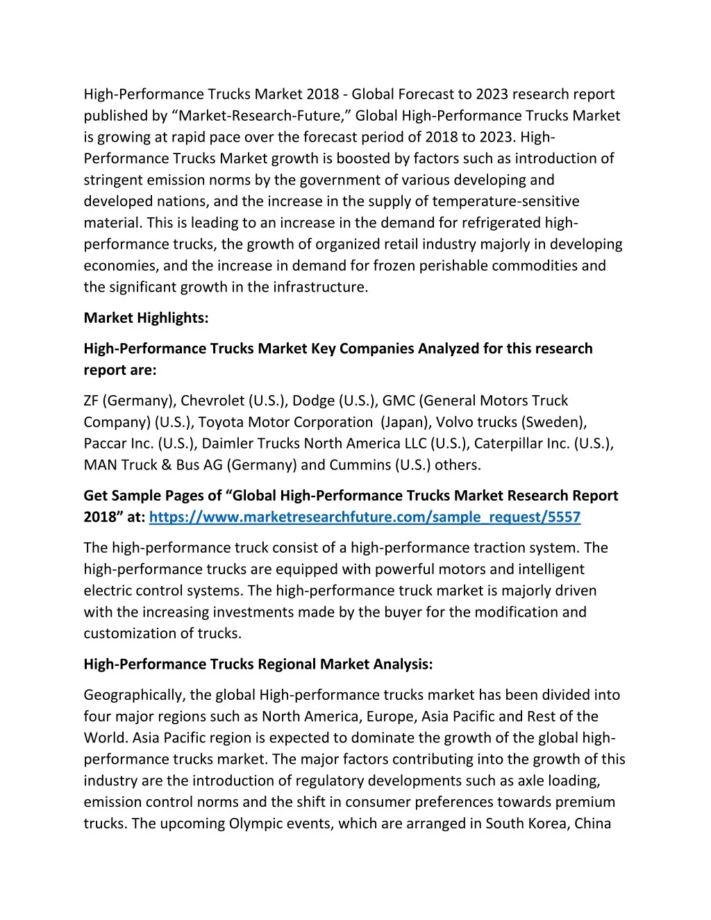 high performance trucks market 2018 global