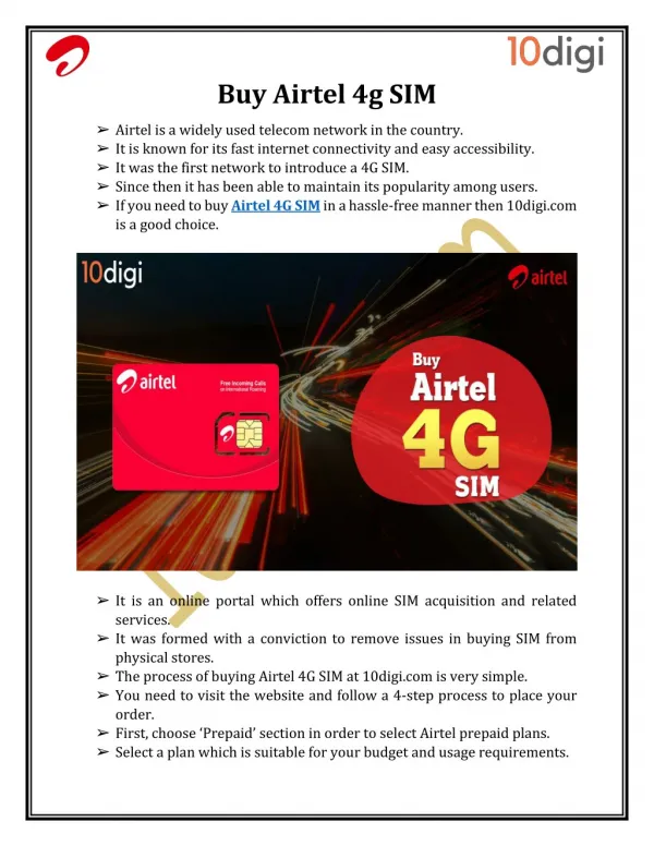 Buy Airtel 4G SIM Online with 10digi
