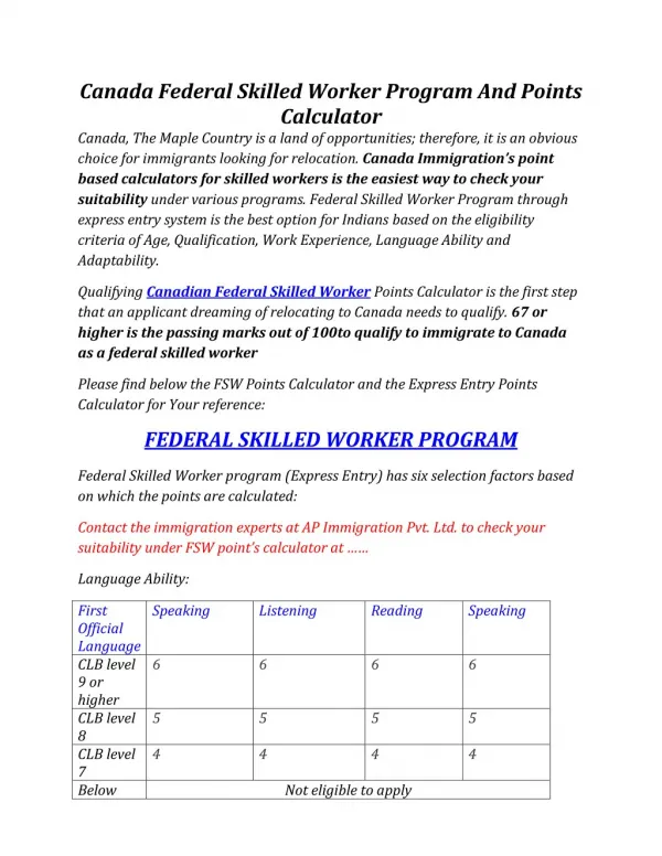 Canada Federal Skilled Worker Program And Points Calculator