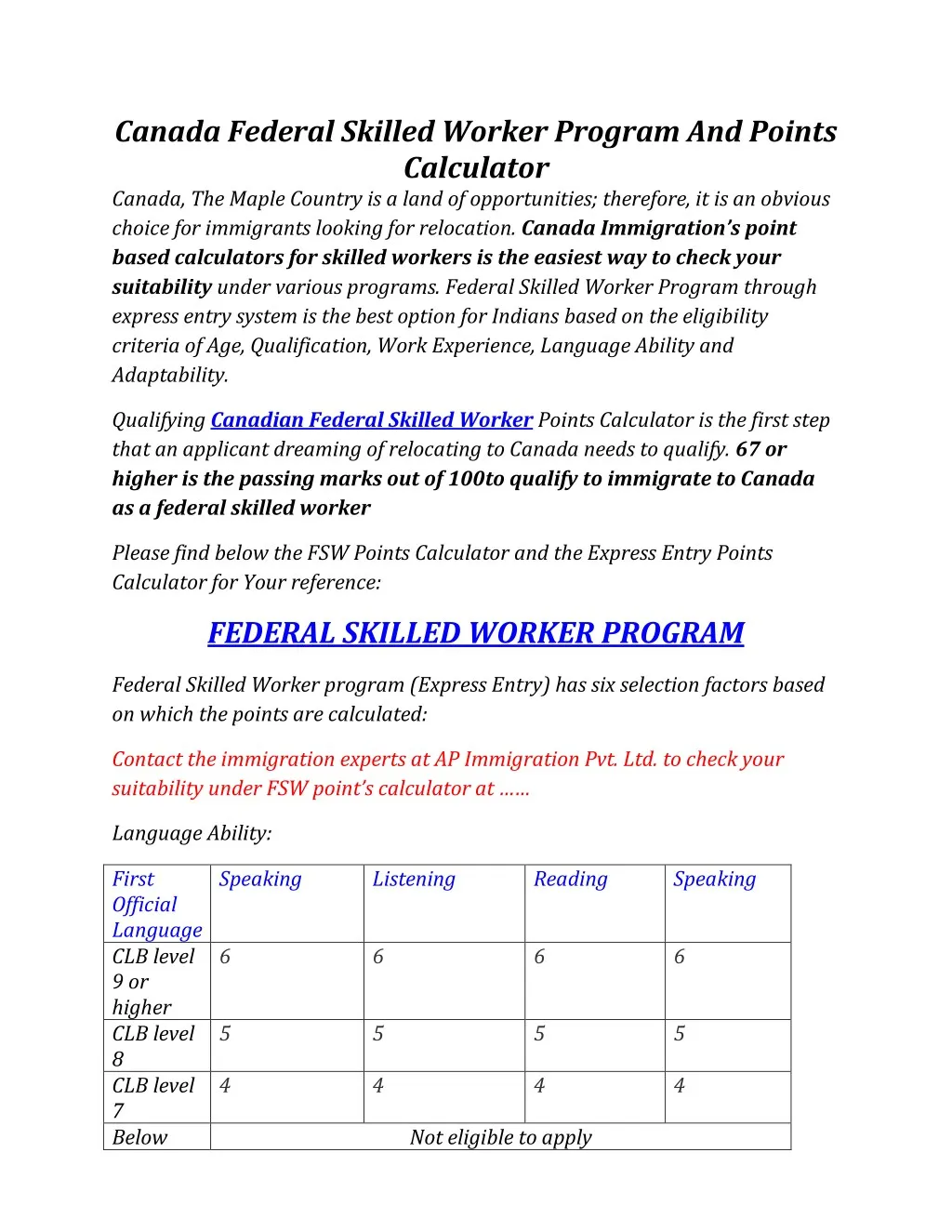 canada federal skilled worker program and points