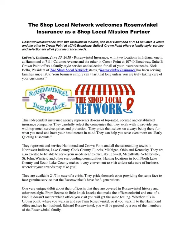 The Shop Local Network welcomes Rosenwinkel Insurance as a Shop Local Mission Partner