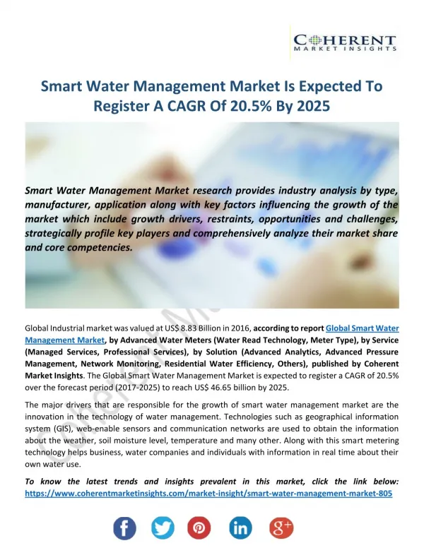 Smart Water Management Market Is Expected To Register A CAGR Of 20.5% By 2025