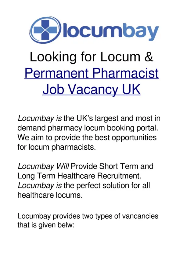 Looking for Locum & Permanent Pharmacist Job Vacancy UK