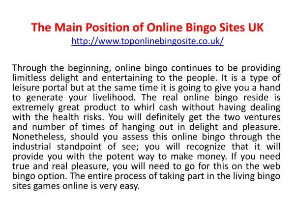 The Main Position of Online Bingo Sites UK