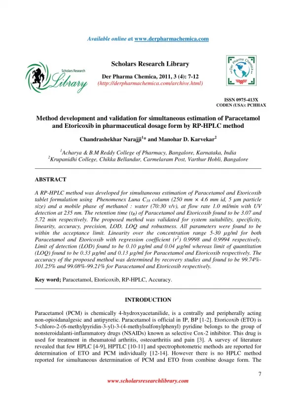 Method development and validation for simultaneous estimation of Paracetamol and Etoricoxib in pharmaceutical dosage for