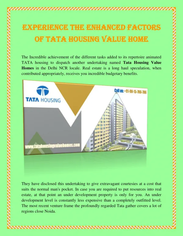 Experience The Enhanced Factors Of Tata Housing Value Home