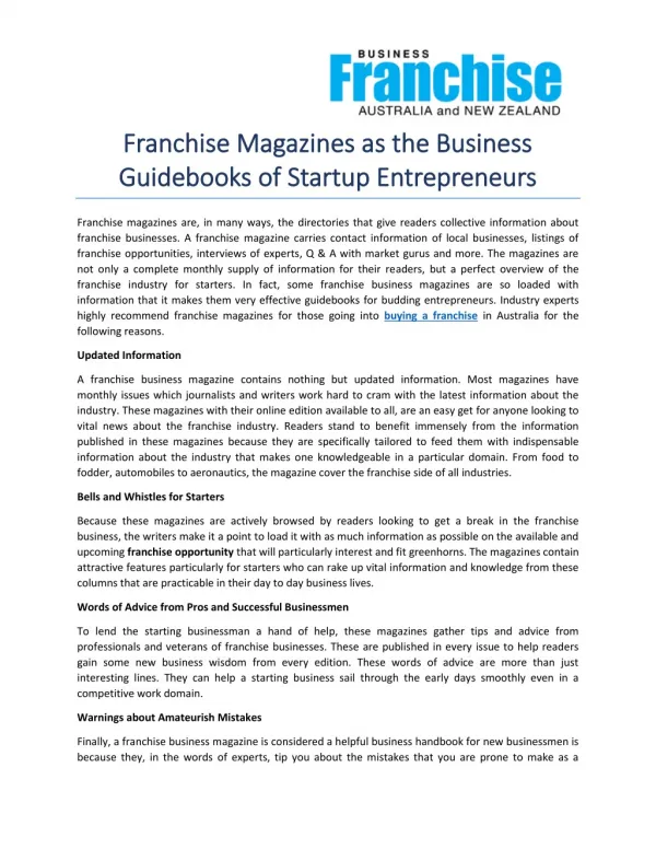 Franchise Magazines as the Business Guidebooks of Startup Entrepreneurs